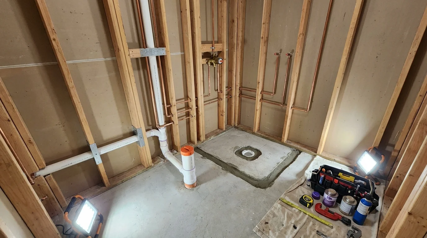 Bathroom rough-in plumbing during remodel by Johns Plumbing LLC in Lindstrom