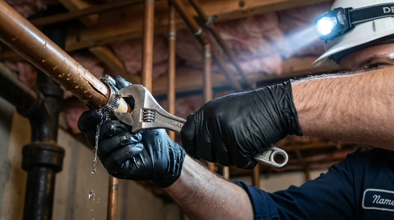 Emergency pipe clamp repair being performed by a Johns Plumbing LLC plumber in Lindstrom