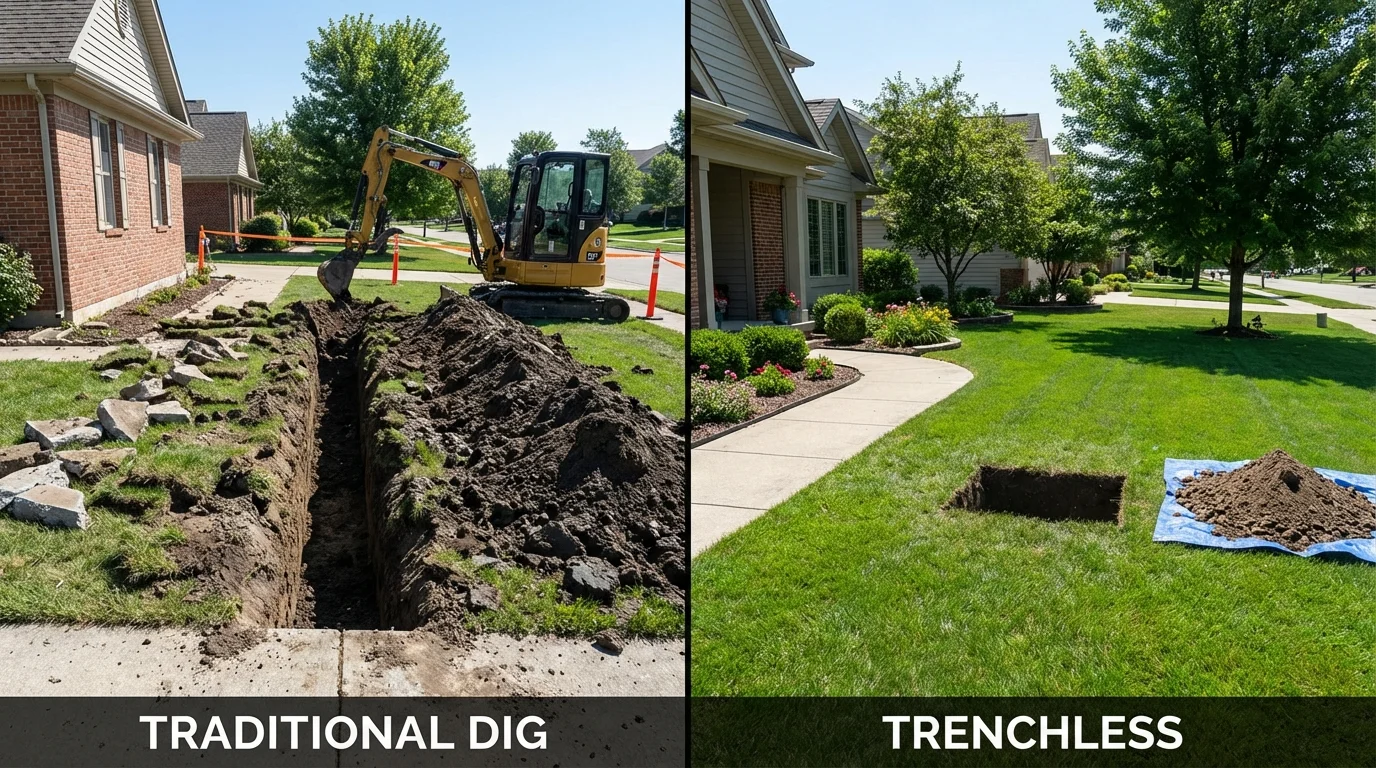 Trenchless sewer repair with minimal yard damage versus traditional excavation in Lindstrom, MN